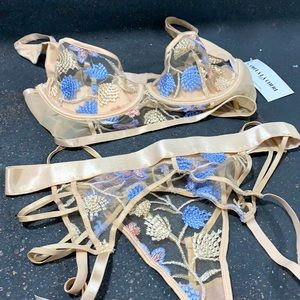 3 piece Lingerie Set - Toasted Almond w/Floral Embroidery.
